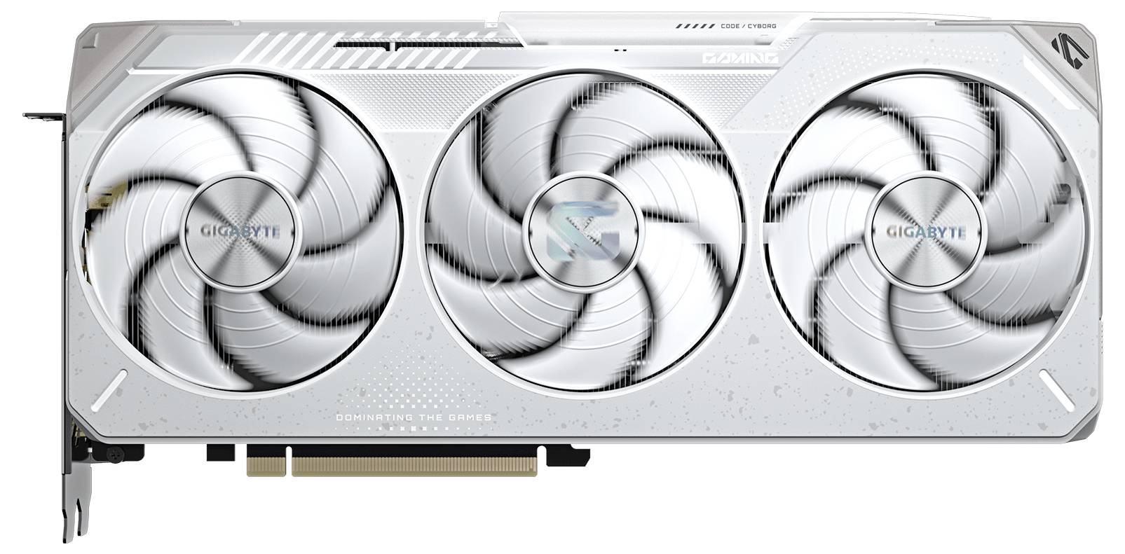Eine Grafikkarte mit einem Gigabyte, ausgestattet mit drei großen Kühlventilatoren, weißem Gehäuse und sichtbarer Markenbeschriftung, die in leistungsstarken Gaming-Computern verwendet wird.