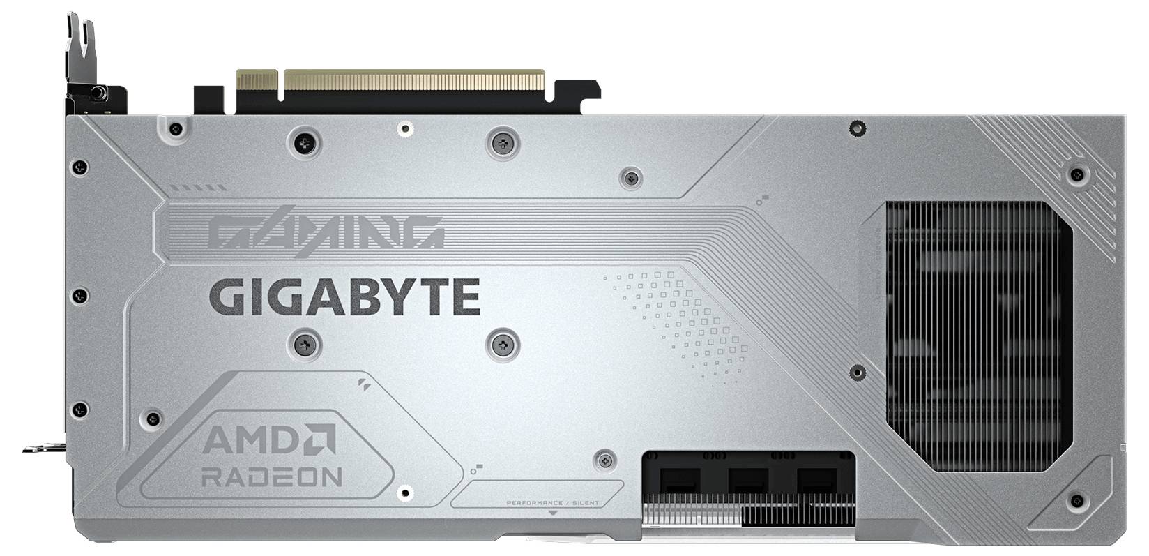 Silberne Grafikkarte mit den Aufschriften 'GIGABYTE Gaming' und 'AMD Radeon'; verfügt über eine Lüftungsöffnung und einen goldenen PCIe-Anschluss, von der Rückseite betrachtet.