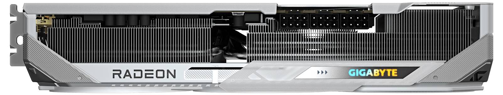 „Eine Gigabyte Radeon Grafikkarte, Seitenansicht, mit Kühlrippen und Markenlogo.