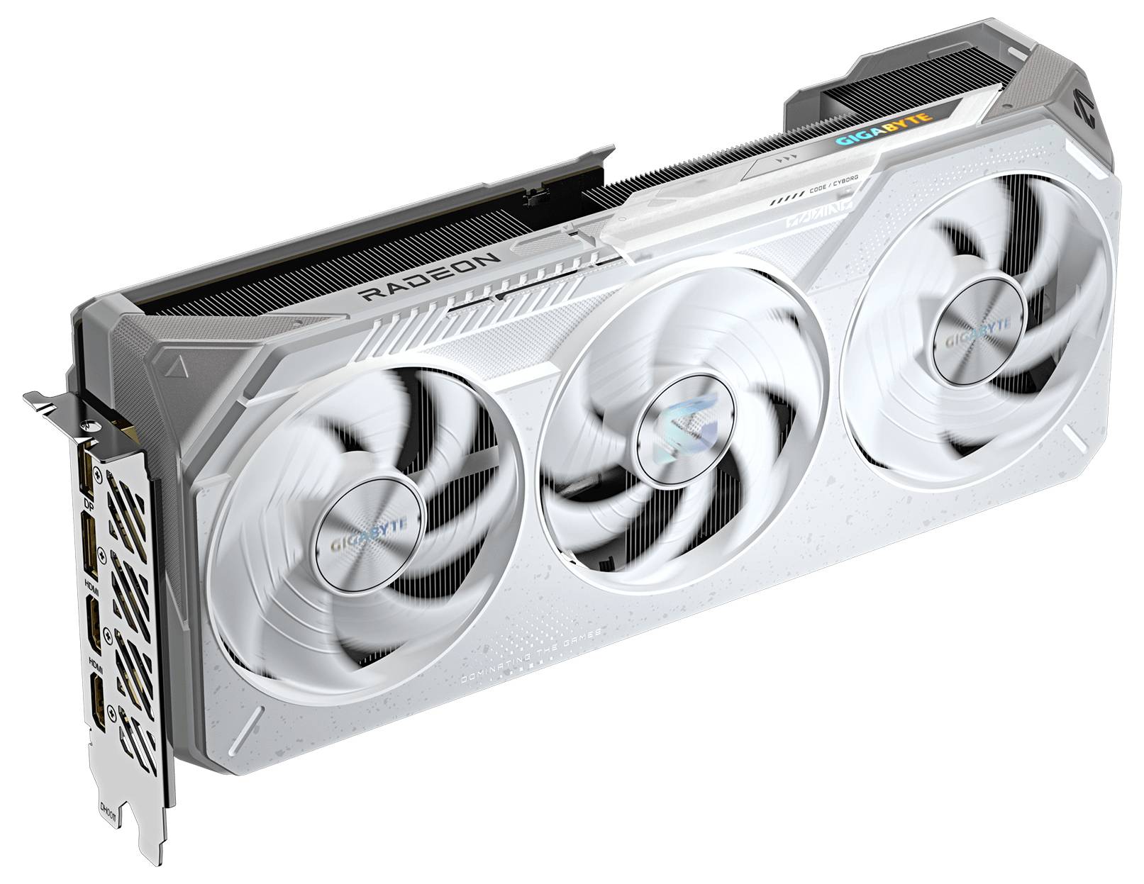 Eine Grafikkarte mit drei Kühlventilatoren, die auf den Ventilatoren mit 'GIGABYTE' markiert ist und an der Seitenblende HDMI- und DisplayPort-Anschlüsse aufweist.