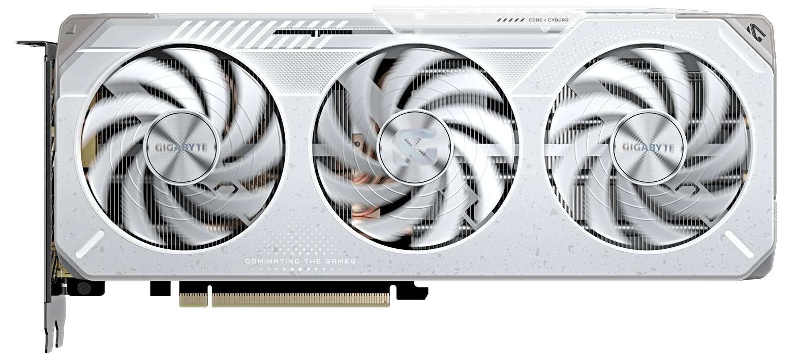 Eine Grafikkarte mit drei großen Kühlventilatoren, die mit 'Gigabyte' beschriftet sind und ein schlankes weißes und silbernes Design mit sichtbarer Schaltkreisstruktur aufweisen.