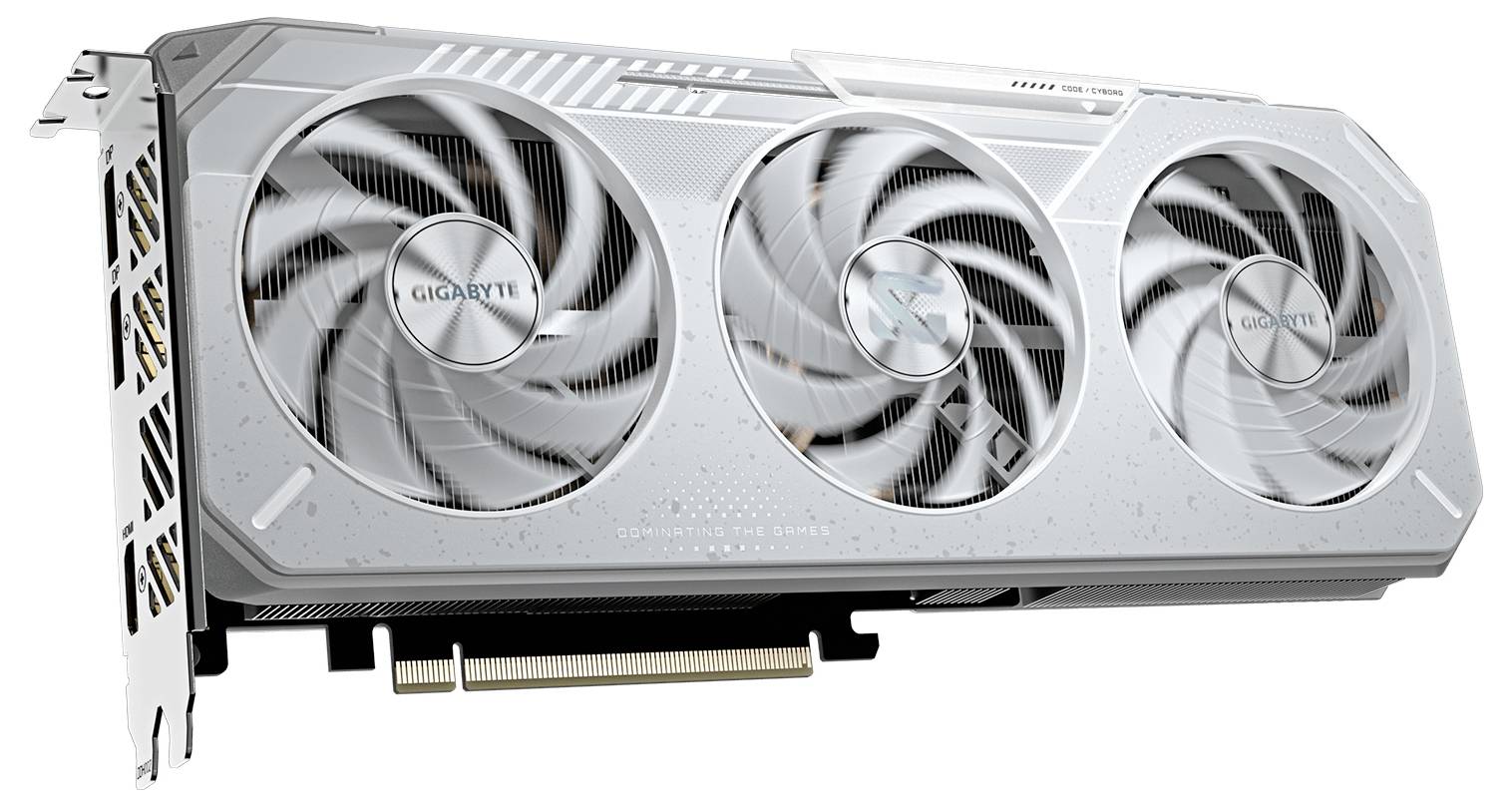 Eine silberne Grafikkarte mit drei großen Kühlventilatoren, mit der Aufschrift 