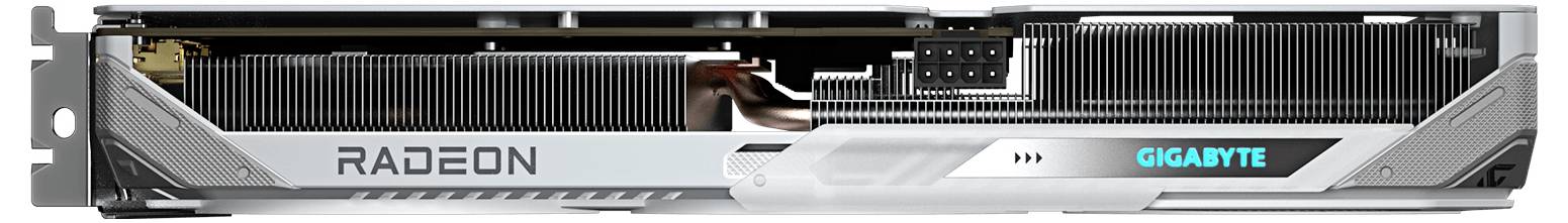 Eine Nahaufnahme einer Radeon-Grafikkarte von Gigabyte, die ihr Kühlsystem und das beleuchtete Gigabyte-Logo an der Seite präsentiert.