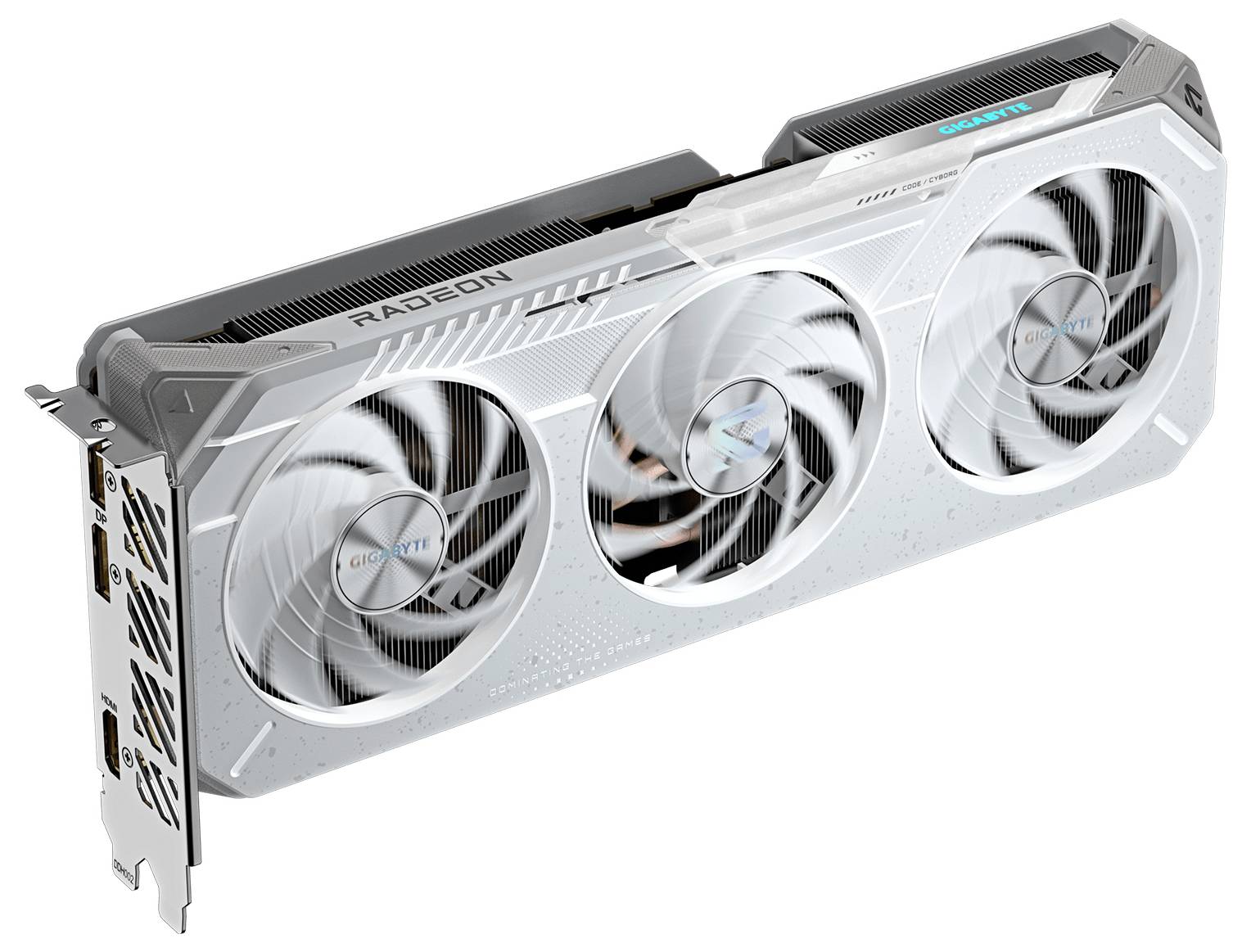 Eine Grafikkarte mit drei Kühlventilatoren und mehreren Videoanschlüssen an der Seite.