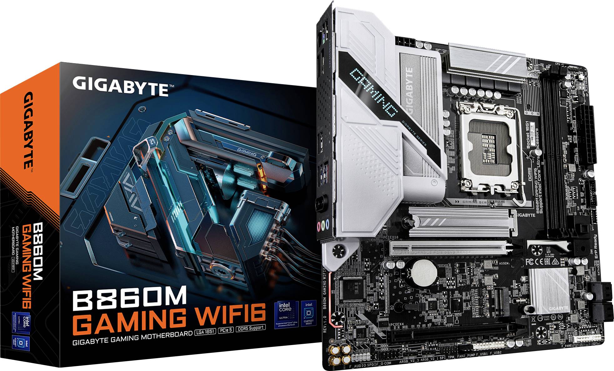 'GIGABYTE B660M GAMING WIFI 6 Mainboard' mit detaillierter Schaltkreisstruktur, Sockel und sichtbaren Anschlüssen, verpackt in einer lebhaften Verpackung.