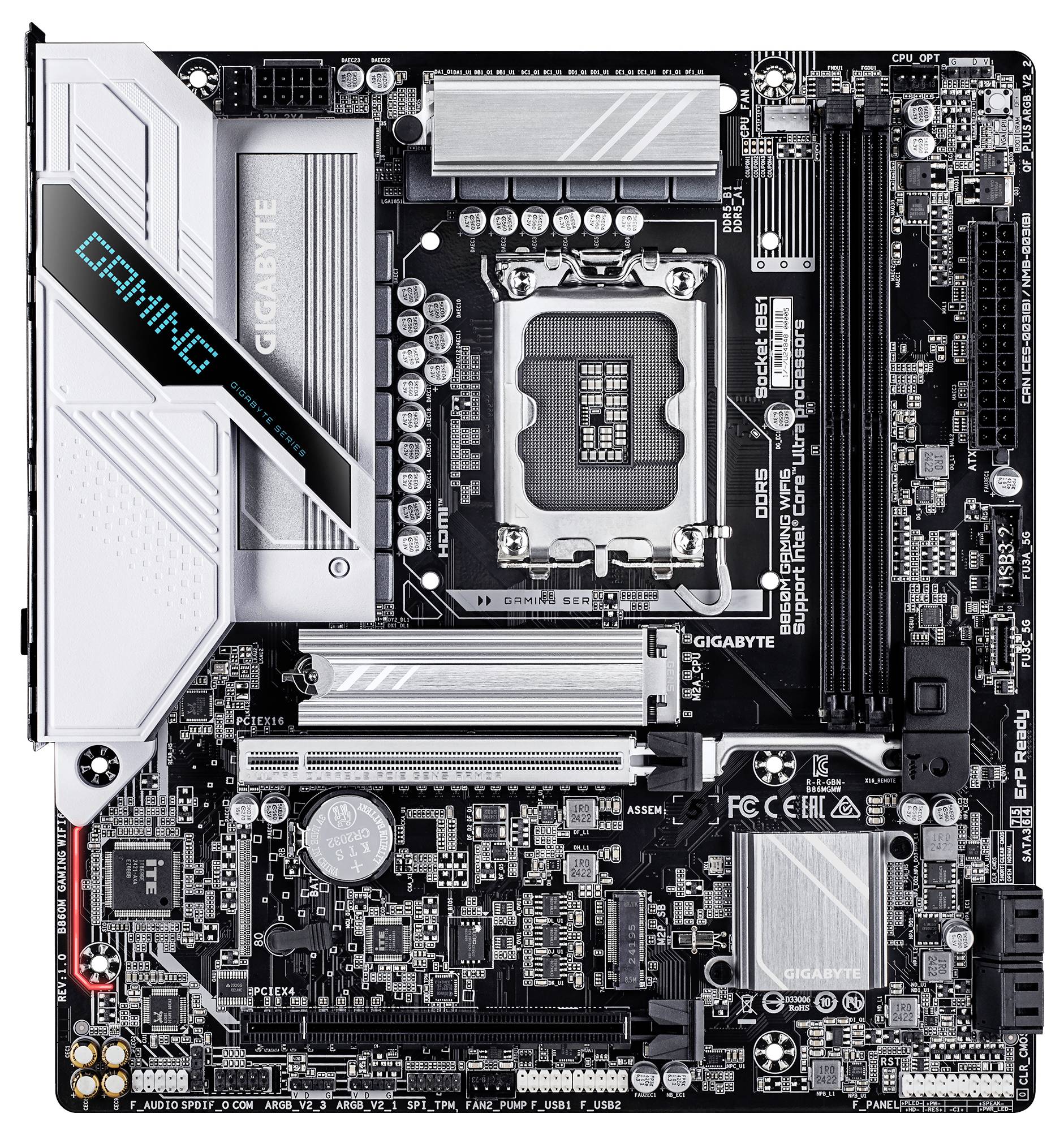 Draufsicht eines Computermotherboards mit einer prominenten CPU-Fassung, mit der Bezeichnung 