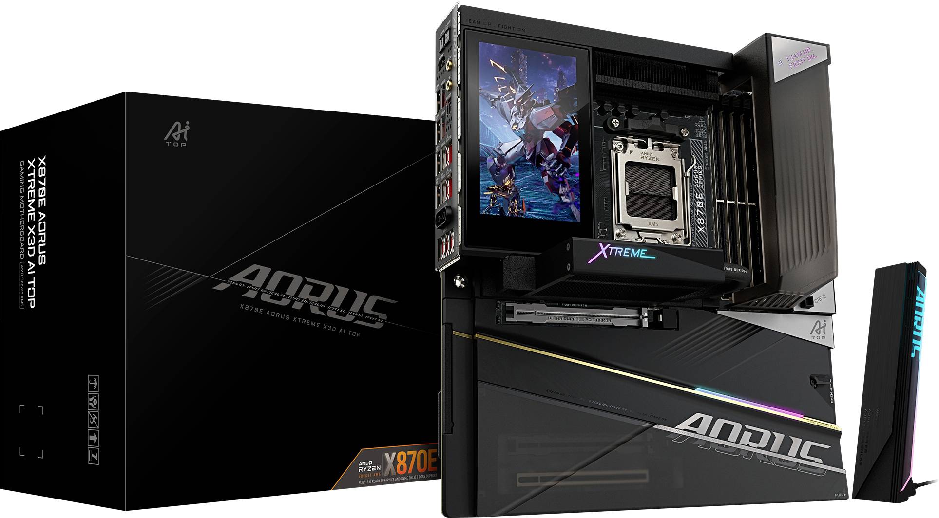 GIGABYTE AORUS Z790 Xtreme X Mainboard mit Verpackung. Ausgestattet mit RGB-Beleuchtung und mehreren Anschlüssen, speziell für Gaming-Enthusiasten entwickelt.