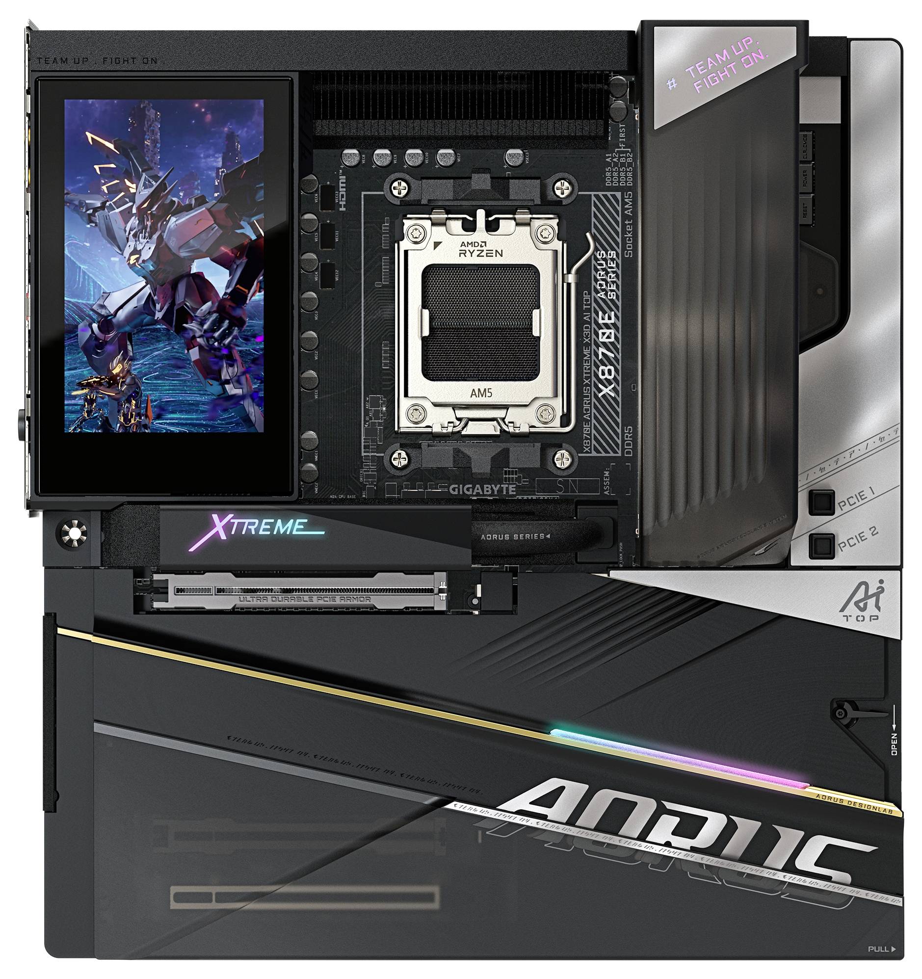 Mainboard mit einem CPU-Sockel für 'AMD Ryzen', ausgestattet mit einem LCD-Bildschirm, auf dem ein Roboterbild angezeigt wird. Die Markierung 'AORUS XTREME' ist sichtbar.
