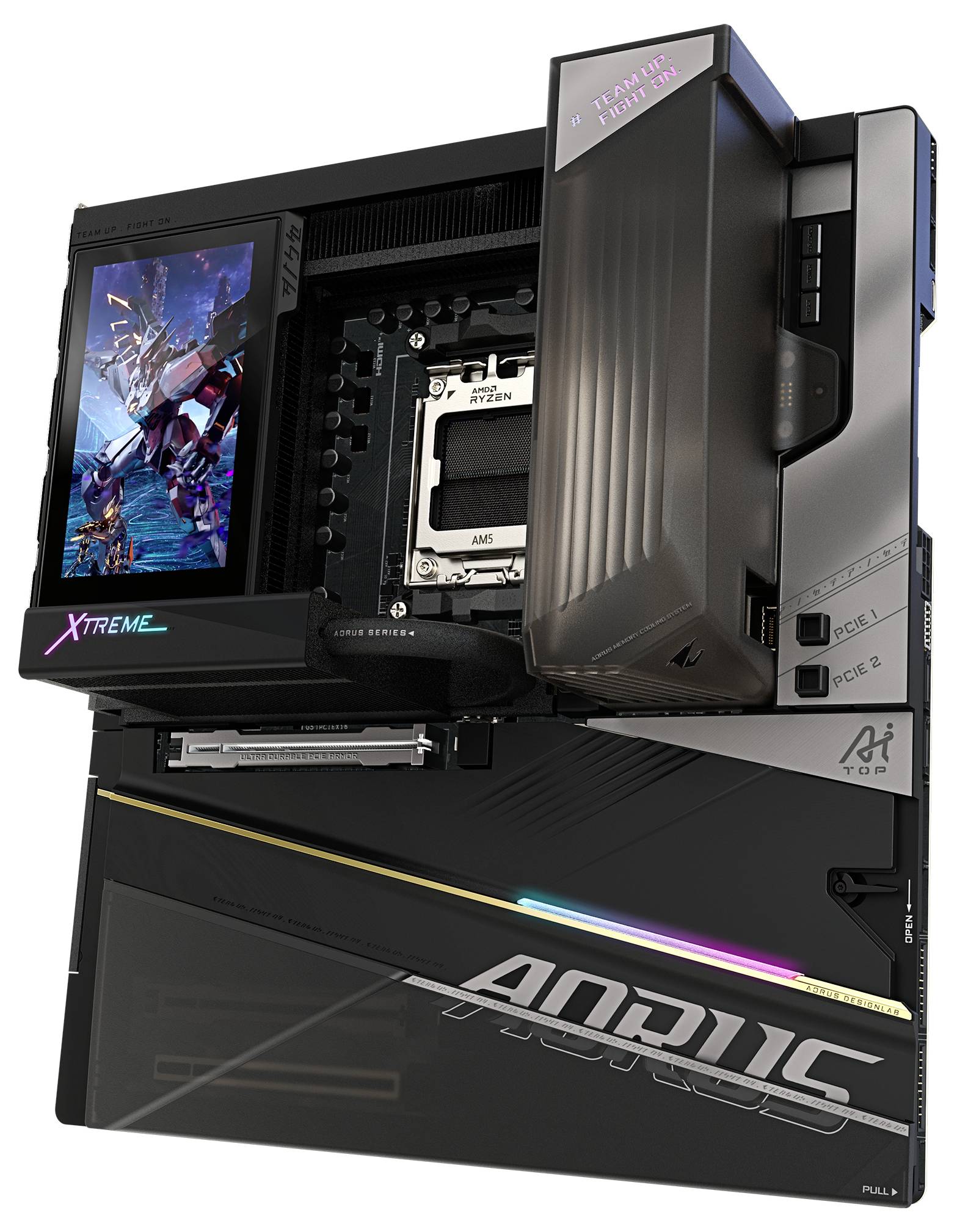 Computerplatine mit futuristischem Design, die das Logo 'AORUS XTREME' trägt, mit fortschrittlichem Kühlsystem und metallischen Komponenten.
