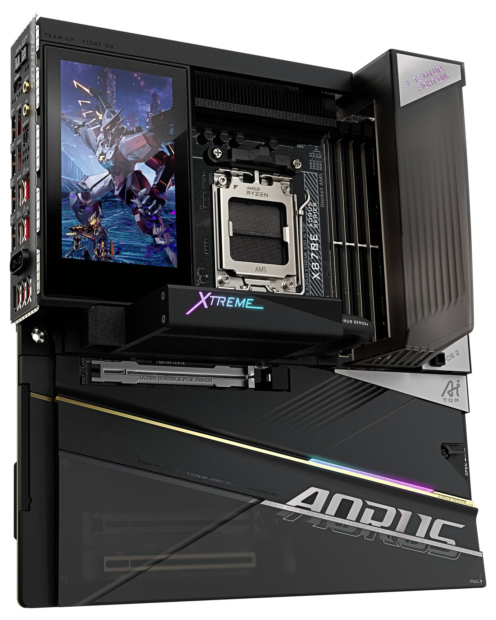 'Aorus Z790 Xtreme Waterforce' Motherboard mit einem integrierten Display, das futuristische Grafiken zeigt, entwickelt für fortgeschrittenes PC-Modding.