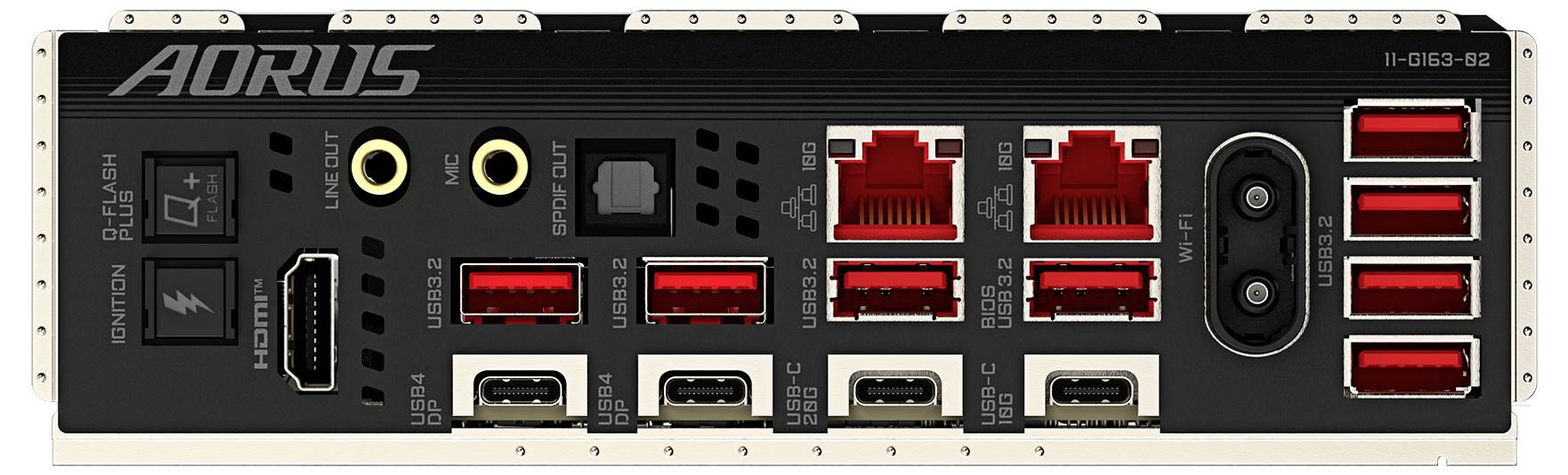 Rückseite eines Mainboards mit mehreren USB-Anschlüssen, Audioports, einem HDMI-Anschluss und einem Ethernet-Anschluss, beschriftet mit 'AORUS'.