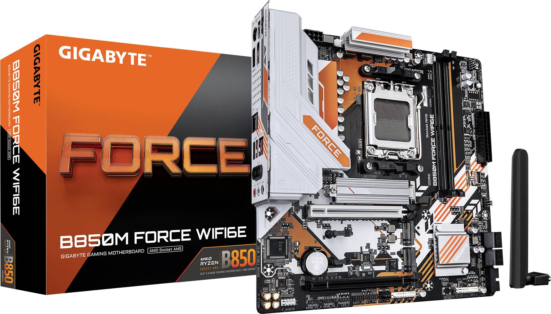 GIGABYTE B650M FORCE WIFI6E Mainboard gezeigt mit seiner Verpackung. Merkmale umfassen WiFi 6E-Konnektivität und Unterstützung für Ryzen-Prozessoren.