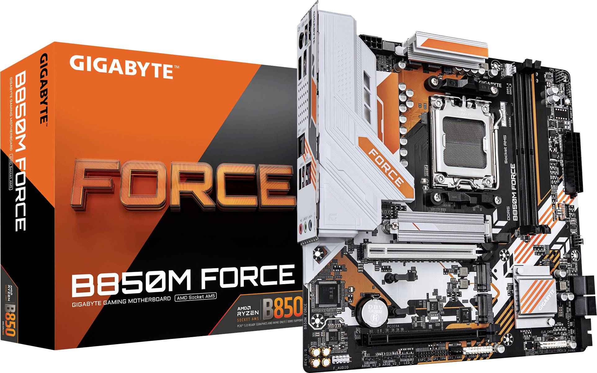 Gigabyte B850M Force Motherboard und Verpackungskarton, Gaming-Funktionen hervorhebend, Orange-Schwarz-Design, Unterstützung für Intel-Prozessoren.