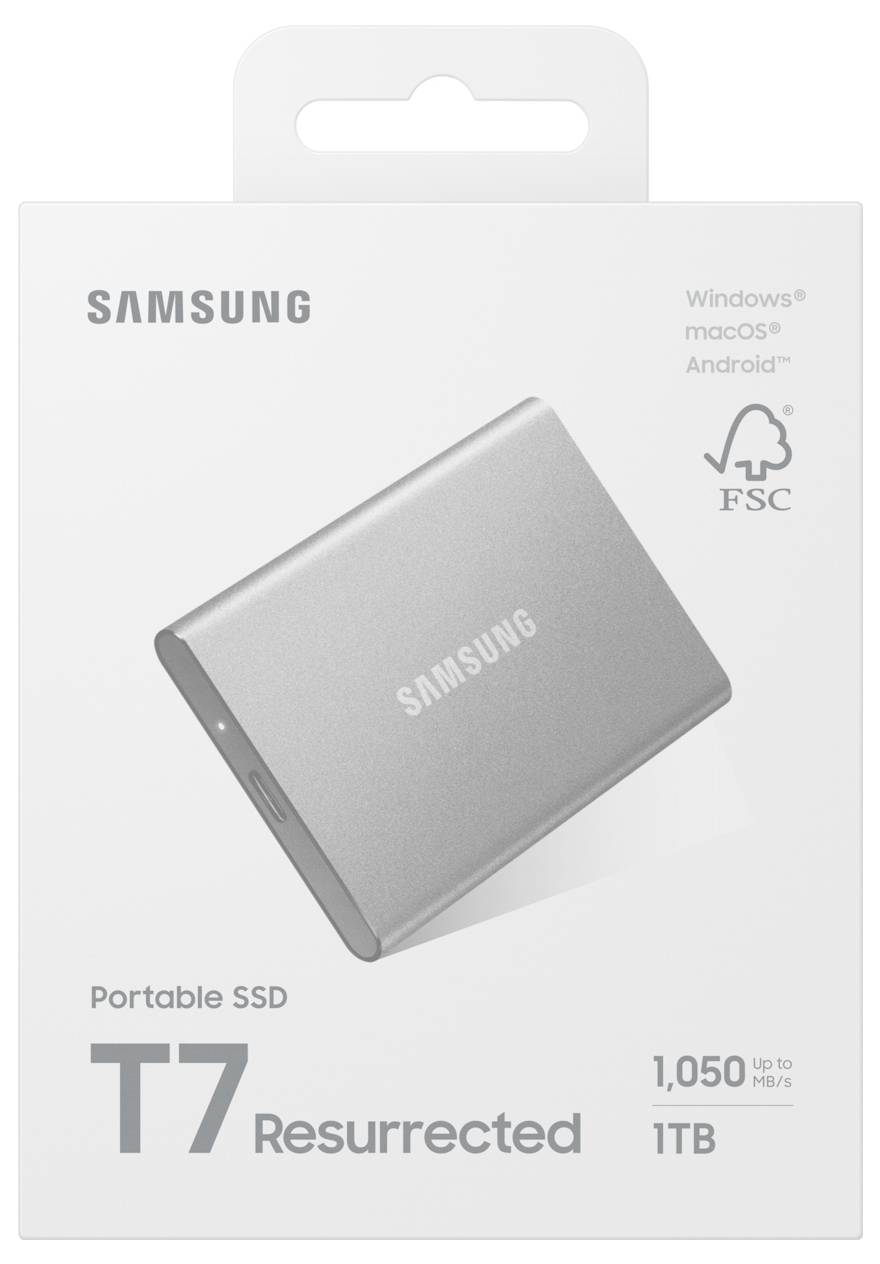 Verpackung für Samsung Portable SSD T7 Resurrected. Eigenschaften umfassen Kompatibilität mit Windows, macOS, Android, 1 TB Kapazität und 1.050 MB/s Geschwindigkeit.