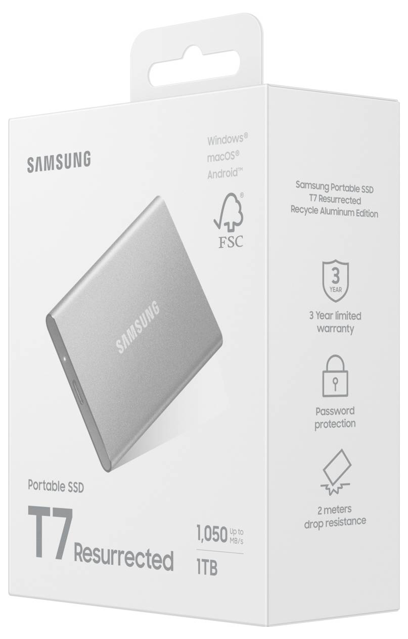 Samsung Portable SSD T7 Wiederaufgelegte Box zeigt Merkmale: 1 TB Kapazität, 1.050 MB/s Geschwindigkeit, 3-jährige Garantie, Passwortschutz, 2 m Sturzhärte.