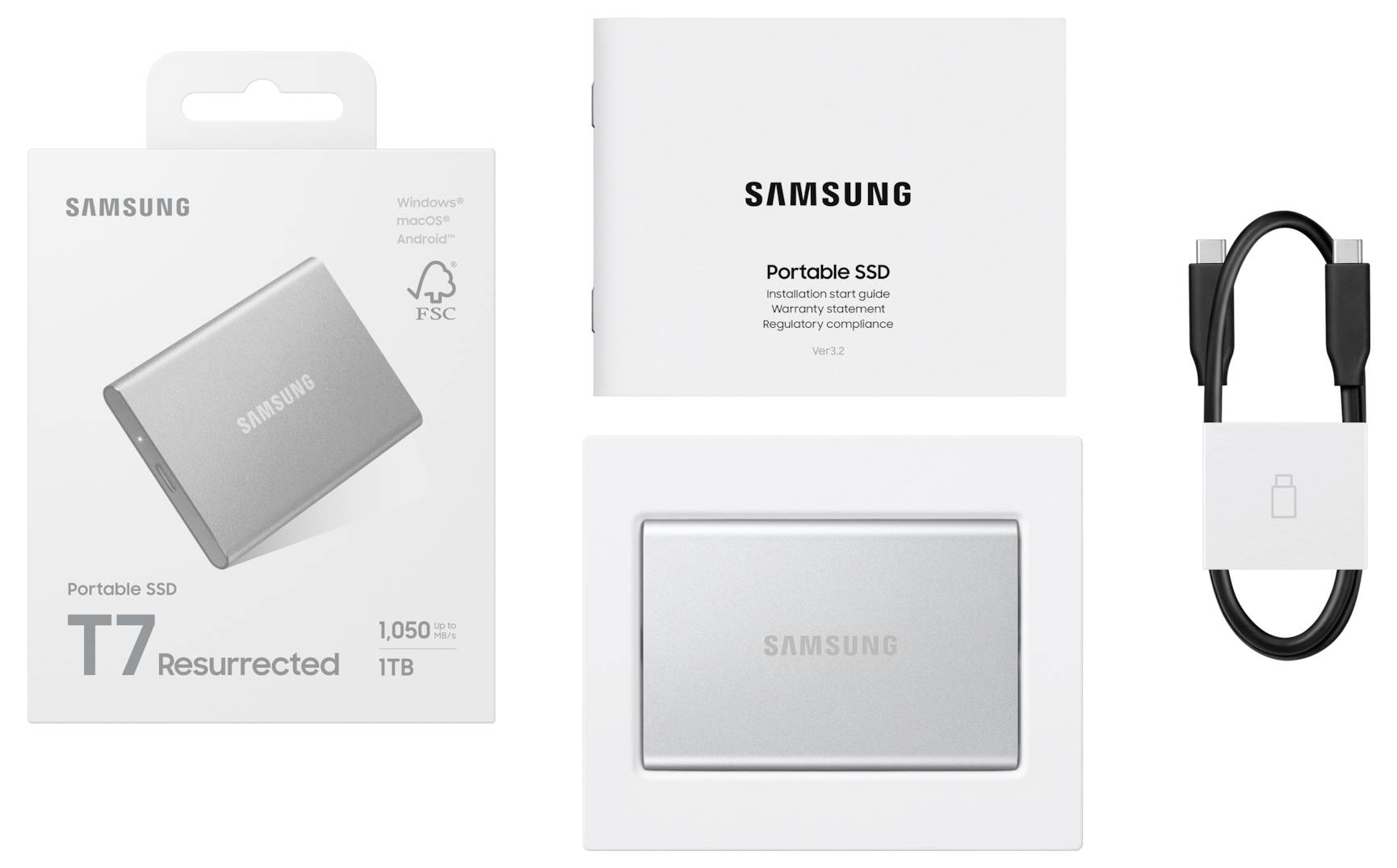 Verpackung und Inhalt des Samsung T7 Portable SSD, inklusive SSD-Gerät, Bedienungsanleitung und USB-Kabel.