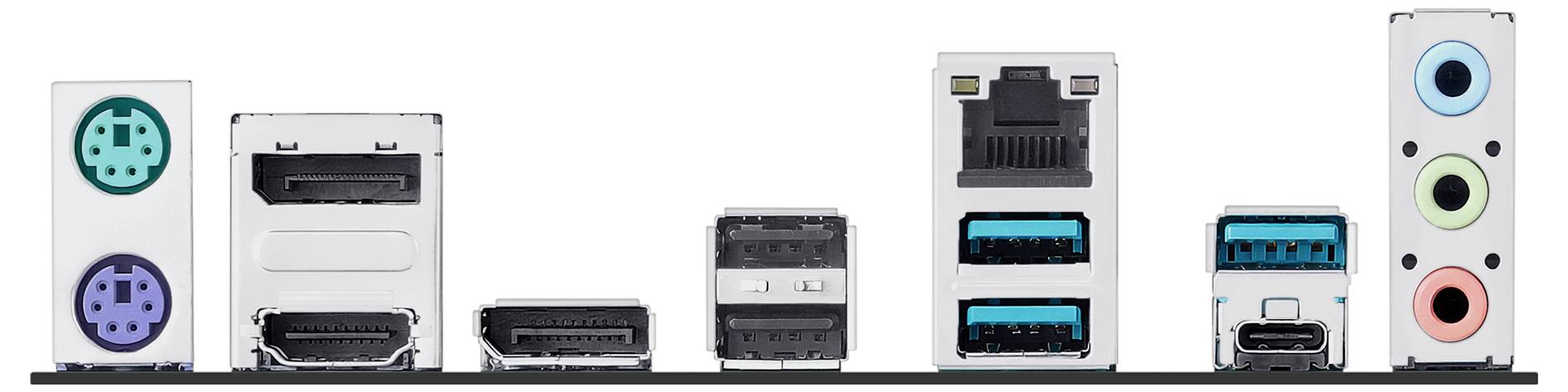 Eine Computer-Motherboard-E/A-Tafel, die verschiedene Anschlüsse zeigt: PS/2, HDMI, DisplayPort, USB, Ethernet, USB-C und Audioports.