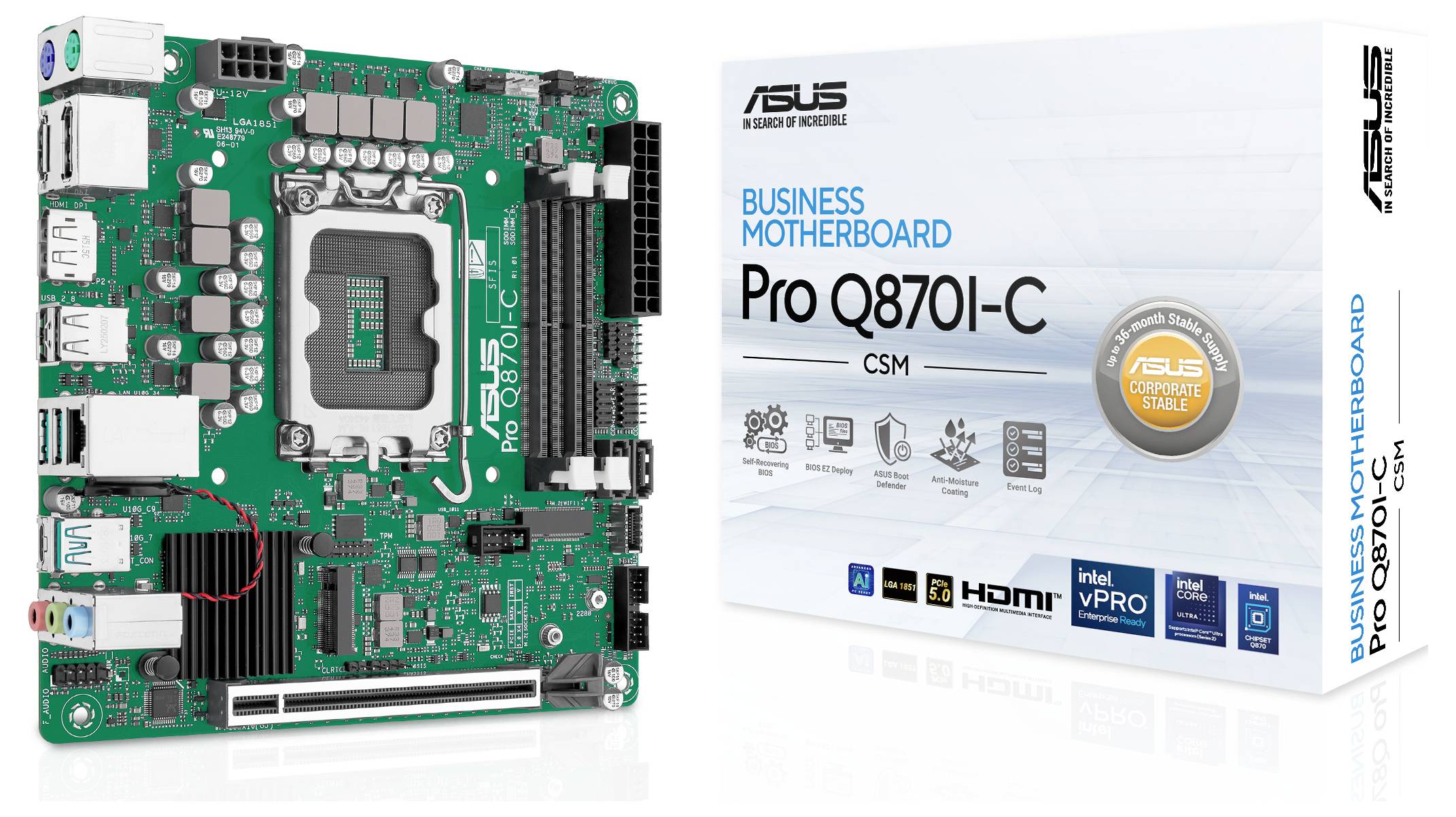 ASUS Pro Q870M-C CSM Business-Motherboard, zusammen mit seiner Verpackung präsentiert, mit Intel vPro-Unterstützung und umfangreichen Konnektivitätsoptionen.