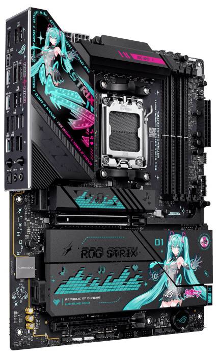 Mainboard mit aufwendiger Science-Fiction-Grafik eines Charakters in Petrol und Schwarz, wobei der Text 'STRIX' und 'ROG STRIX' sichtbar ist.