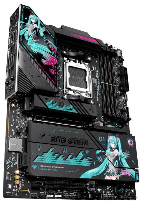 Eine Gaming-Mainboard mit einem Anime-Charakter-Design, ausgestattet mit lebendigen blauen und pinken Akzenten und einem Sockel für die CPU in der Mitte.