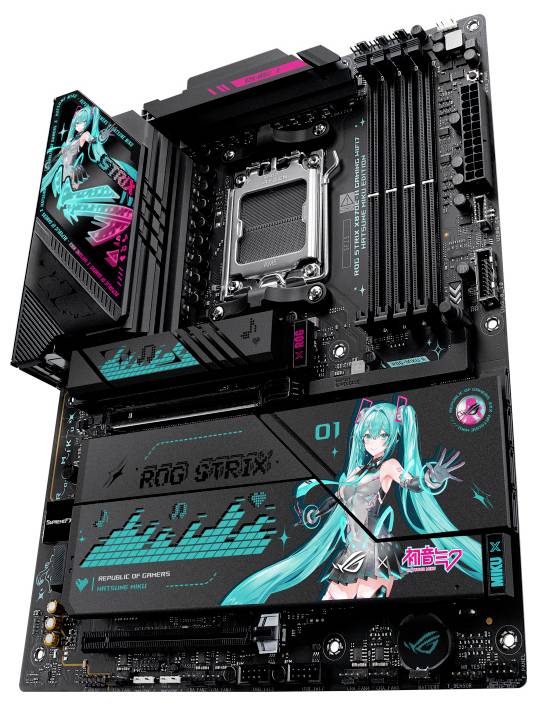 Eine Gaming-Motherboard mit einem lebendigen Design im futuristischen Stil. Sie umfasst Illustrationen und Logos, die fortschrittliche Technologie betonen.