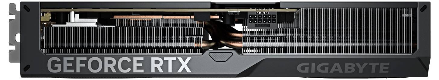 Eine Gigabyte GeForce RTX Grafikkarte wird von der Seite gezeigt, mit schwarzen und metallischen Elementen und einem sichtbaren Kühlsystem.