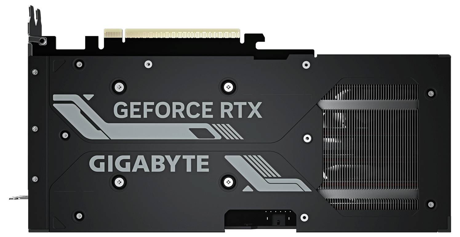 Eine schwarze Gigabyte-Grafikkarte mit 'GeForce RTX'-Branding, die ihr Rückseitedesign und die Wärmeableitungseigenschaften präsentiert.
