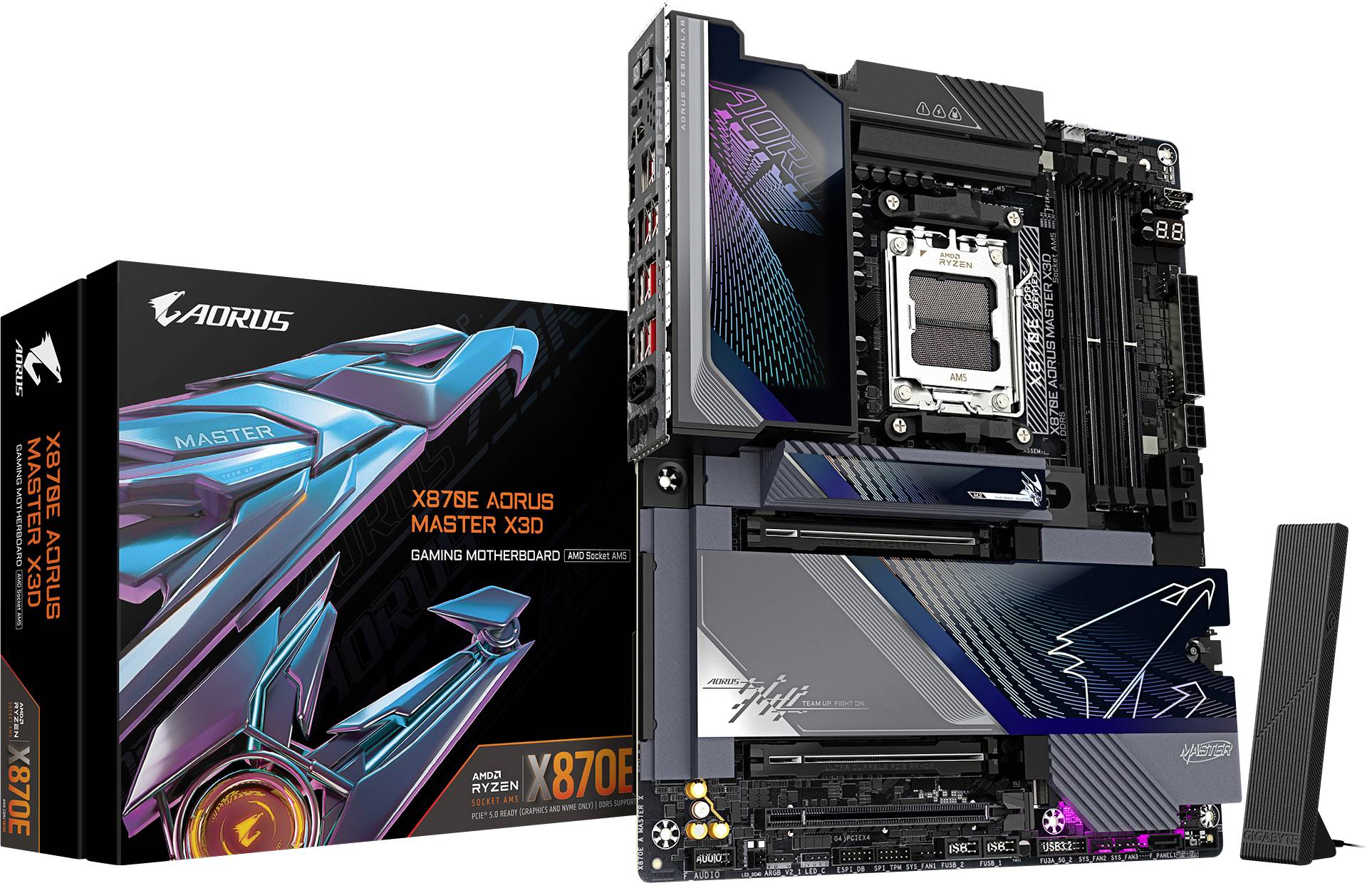 Aorus X670E Master X3D Mainboard für Gaming neben seiner Verpackung präsentiert, mit fortschrittlichen Chipsätzen und RGB-Beleuchtung für hochleistungsfähige Performance.