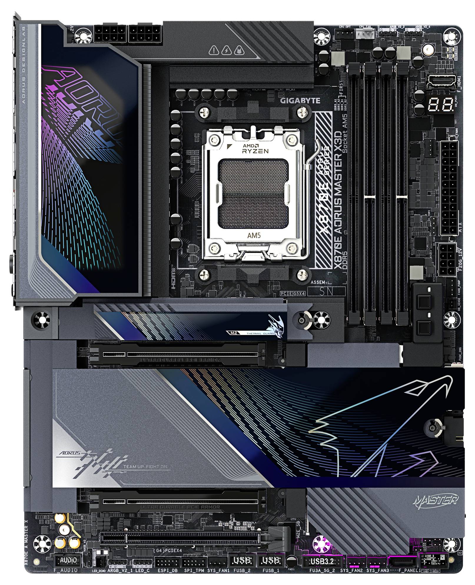 Eine Computer-Hauptplatine mit mehreren Steckplätzen, Anschlüssen und einem Kühlkörper im Gaming-Design. Enthält markeneigene Logos und RGB-Beleuchtungsdetails.