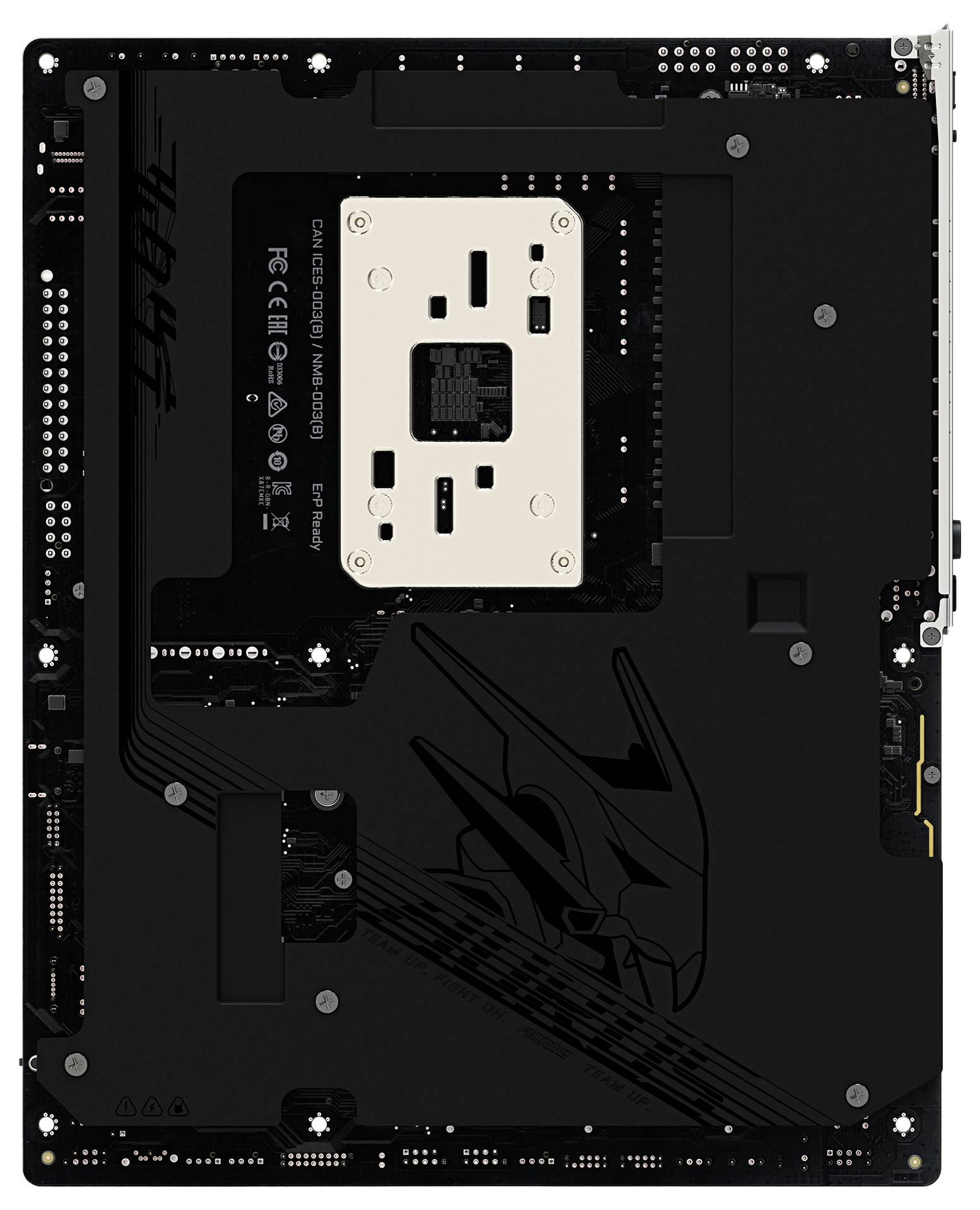 Das Bild zeigt die Rückseite einer schwarzen Computermotherboard mit einer stilisierten Adler-Grafik und verschiedenen Anschlüssen und Befestigungspunkten.