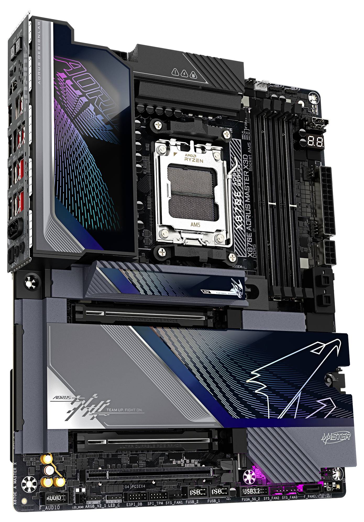 AORUS Master X670E Mainboard mit AMD-Sockel, präsentiert mit RGB-Beleuchtungsakzenten und einem futuristischen Design auf einer dunkel gehaltenen Platine.
