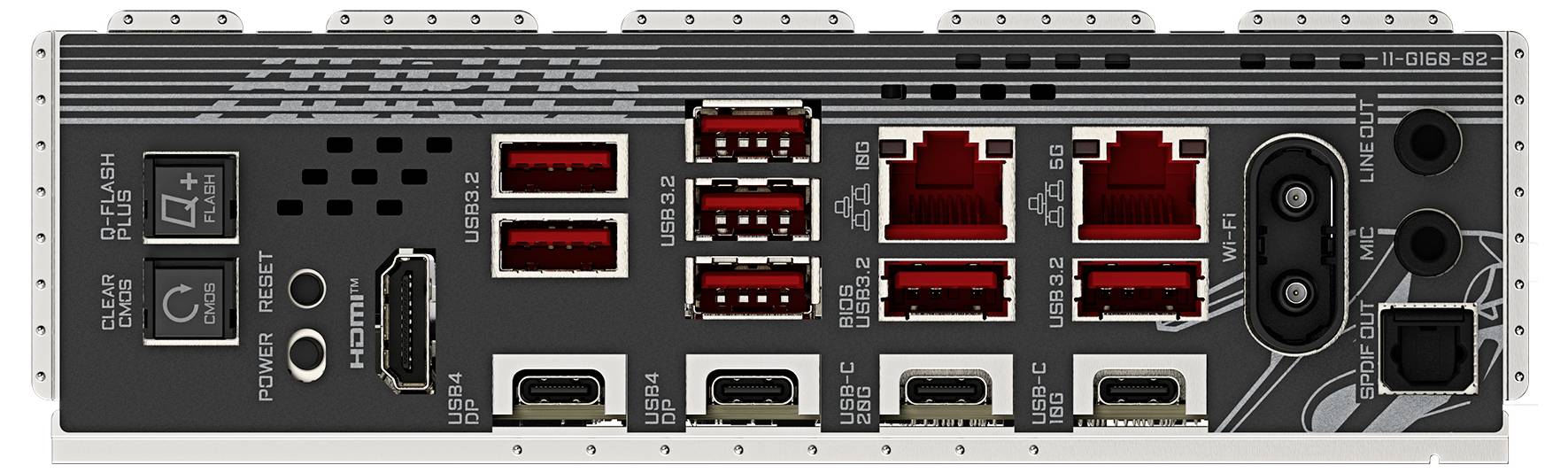 Rückseite eines Computer-Mainboards mit verschiedenen Anschlüssen, darunter USB (rot und schwarz), Ethernet, HDMI und Audioports.