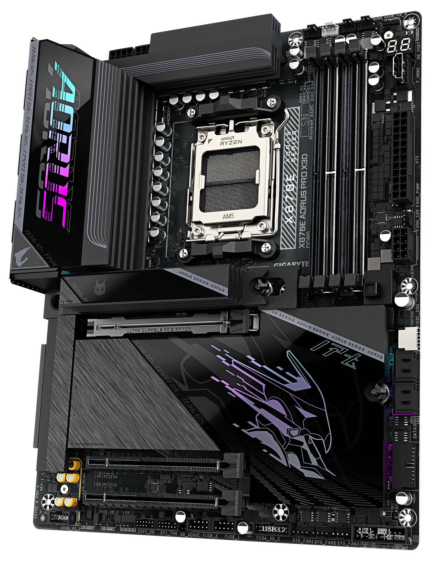 Eine schwarze und graue Aorus-Motherboard mit RGB-Beleuchtung, vier RAM-Steckplätzen, mehreren PCIe-Steckplätzen und einem LGA-Sockel für einen AMD-Ryzen-Prozessor.