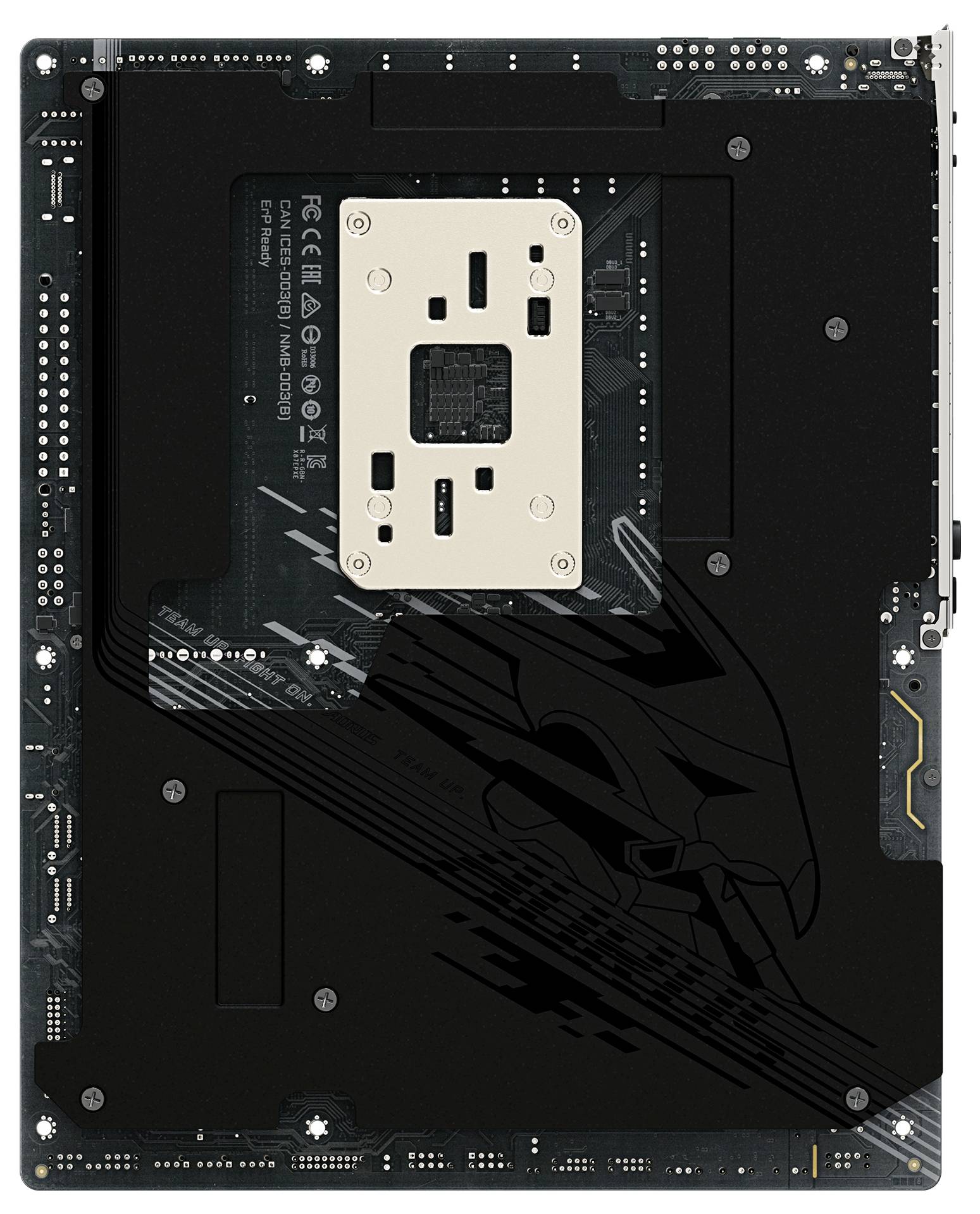 Eine Rückansicht eines Computermotherboards mit einem schwarz-grauen Design, das einen stilisierten Adler zeigt. Verschiedene Schaltkreispfade und Komponenten sind sichtbar.