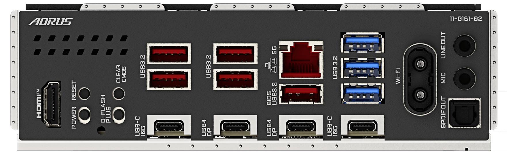 Das Bild zeigt die Rückseite einer Computerplatine mit verschiedenen Anschlüssen, einschließlich HDMI, USB, Ethernet, WLAN und Audiobuchsen.