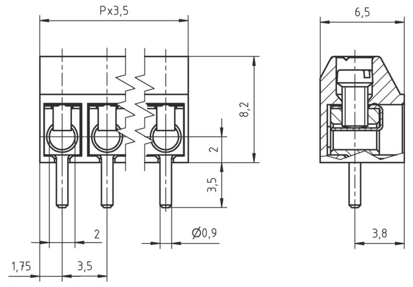 Technische Zeichnung mit Abmessungen eines elektrischen Steckers, mit Angaben in Millimetern, beschrifteten Merkmalen und Querschnittsansicht.