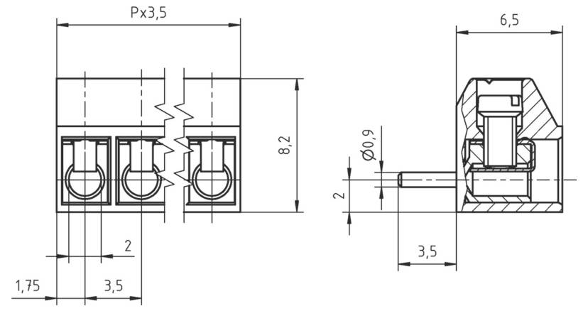 Technische Zeichnung eines dreiteiligen Anschlussblocks mit Abmessungen in Millimetern. Vorder- und Seitenansichten zeigen detaillierte Messungen und Spezifikationen.