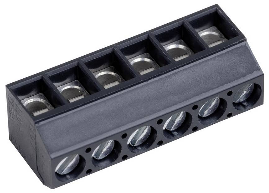 Ein schwarzes fünfschlitziges Elektroklemmleistenblock zum sicheren Verbinden von Drähten.