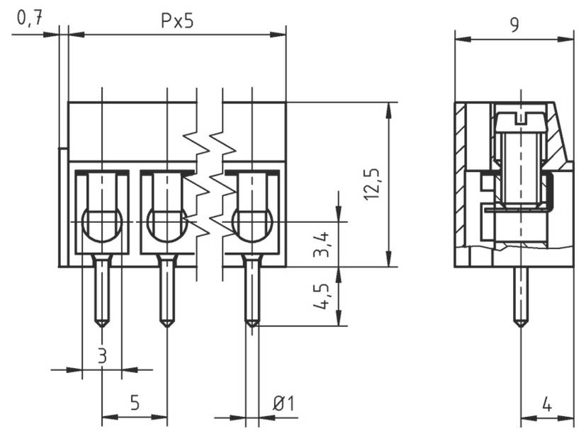 Technische Zeichnung eines Steckers: Vorder- und Seitenansichten mit Abmessungen in Millimetern. Zeigt Stiftanordnung, Gehäusegröße und Abstände.