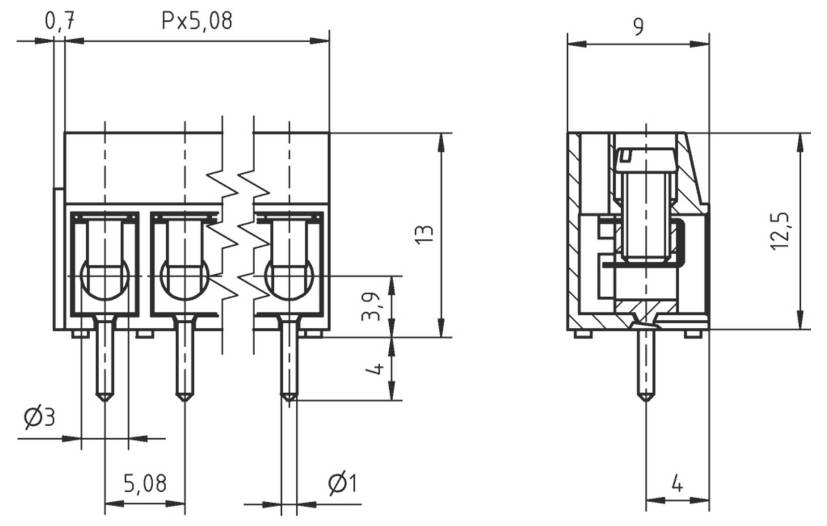 Schaltplan eines elektrischen Steckers mit Abmessungen. Die Vorderansicht zeigt den Stiftabstand und den Durchmesser; die Seitenansicht offenbart die Höhe und die interne Struktur.