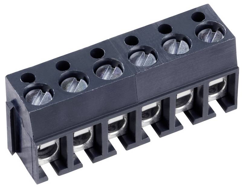 Ein schwarzer Klemmblock mit sechs Anschlüssen, der über metallische Schrauben zur Befestigung von Elektrokabeln verfügt.