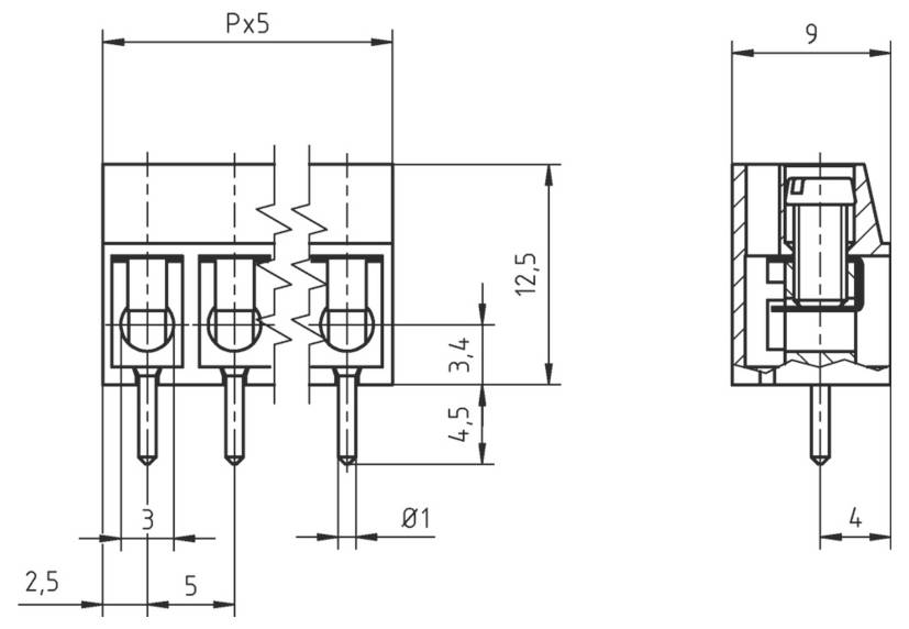 Technische Zeichnung eines 3-poligen Elektrosteckers mit beschrifteten Abmessungen, das Vorder- und Seitenansicht zeigt.