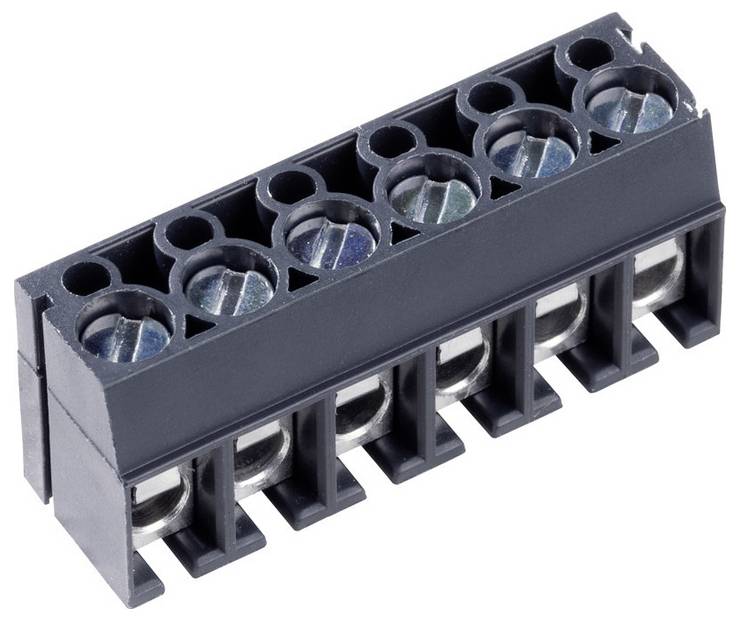 Ein grünes 5-poliges Elektrik-Klemmblock, das zum Verbinden von Drähten in elektronischen Schaltkreisen verwendet wird, mit Draht-Eingangslöchern und Schraubklemmen.