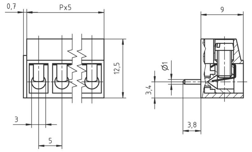 Technisches Schaltplan eines dreipositigen Klemmblocksteckers mit Messfeststellungen einschließlich Breite, Höhe und Stiftkalibrierungsspezifikationen.