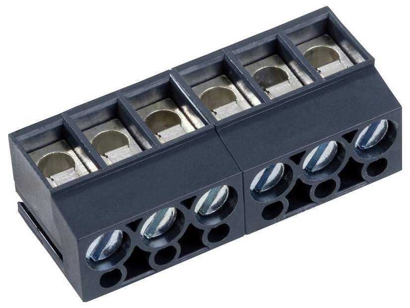Fünf-stelliges Schraubklemmenleiste für elektrische Verbindungen mit Metallkontakten in einem Kunststoffgehäuse.
