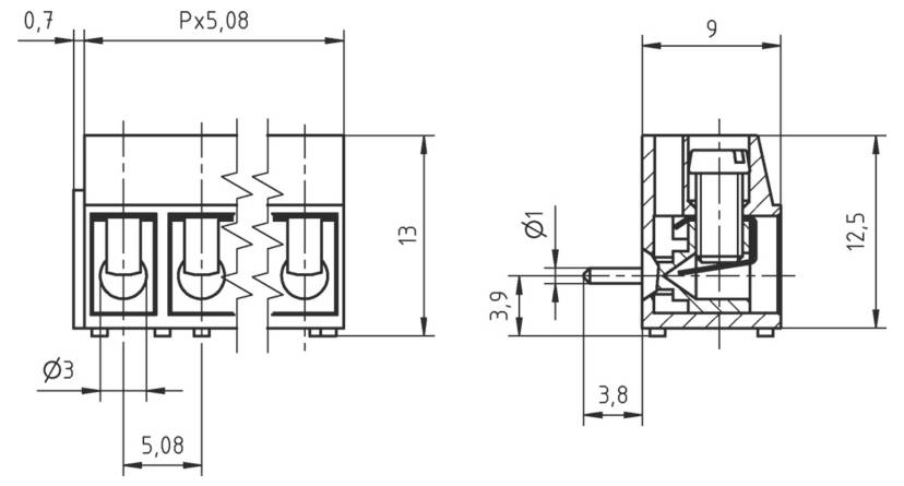 Technische Zeichnung eines dreipoligen Steckers mit detaillierten Abmessungen in Millimetern, zeigt Vorder- und Seitenansichten mit Schnittdarstellung.
