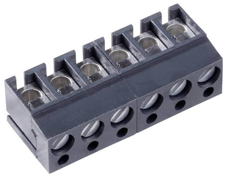 Schwarze modulare Klemmenleiste mit mehreren Anschllusspunkten und Gewindelöchern, die in elektrischen Installationen für sichere Verdrahtungsverbindungen verwendet wird.