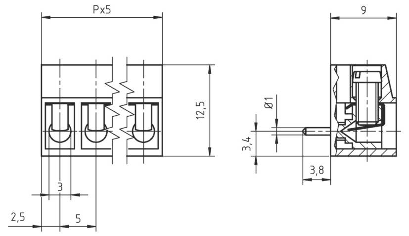 Technische Zeichnung von Elektroklemmen mit Abmessungen: 2,5 mm Höhe, 3 mm Abstand und 12,5 mm Gesamthöhe.