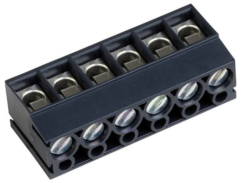 Ein schwarzer elektrischer Klemmenblock mit sechs Schraubanschlüssen, der zum Befestigen und Verbinden von elektrischen Drähten in verschiedenen Anwendungen verwendet wird.