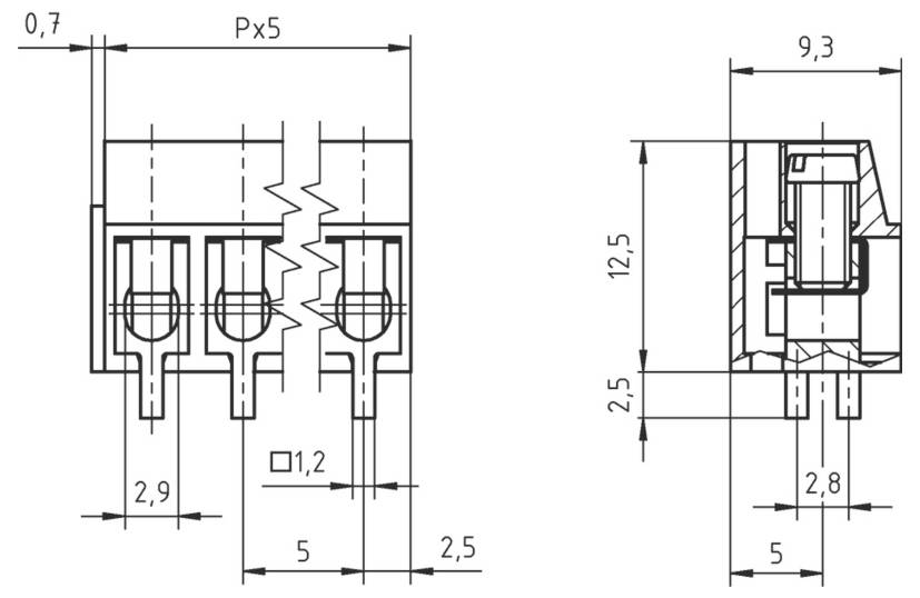 Technisches Diagramm eines 3-poligen Elektrosteckers. Abmessungen: Breite 12,5 mm, Pinabstand 5 mm, Pindurchmesser 0,7 mm.